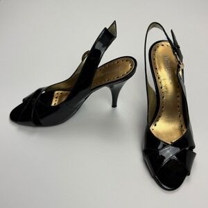 BCBGirls Patent Leather Slingback Heels Women's Sz 6.5 36.5 Black Peep Toe Dress